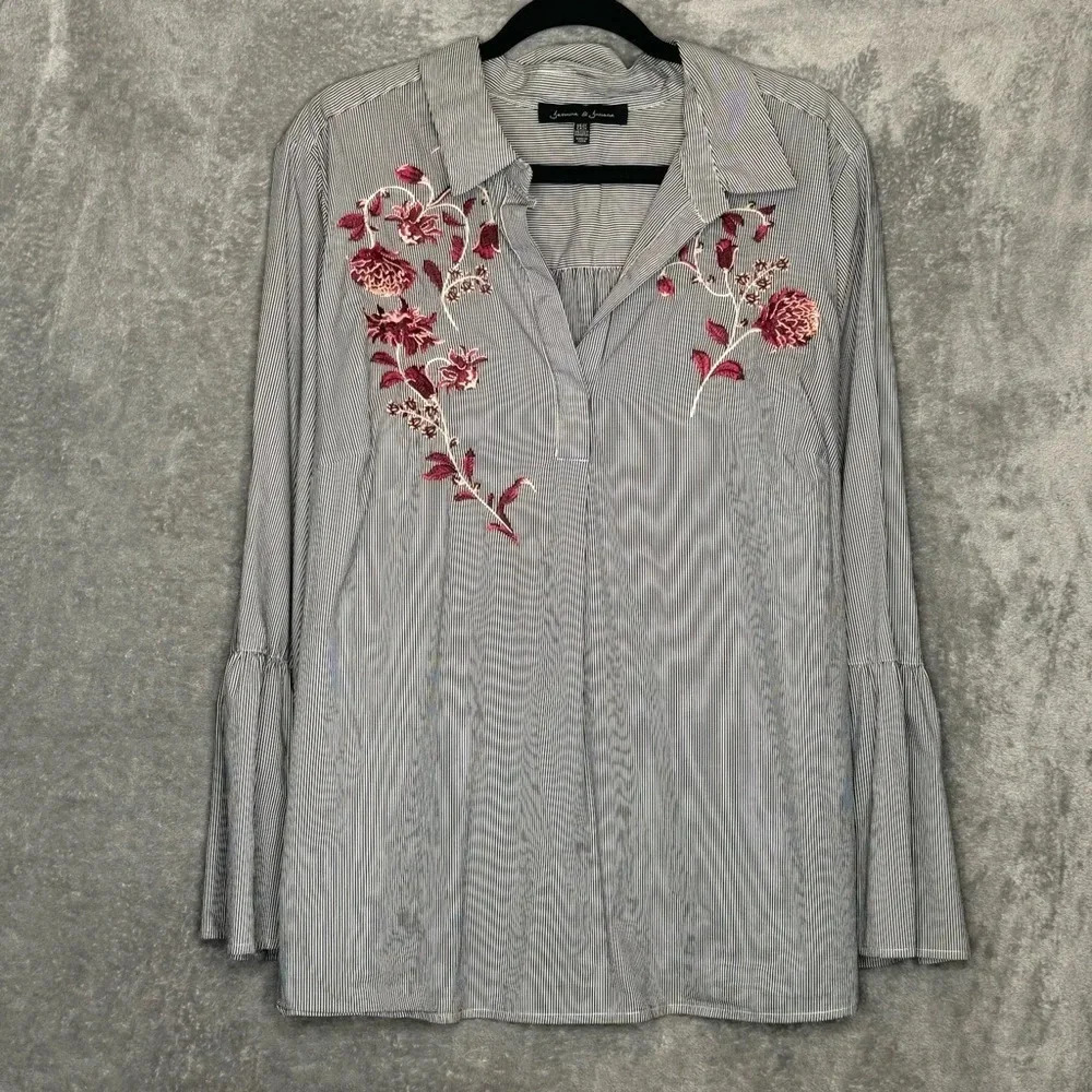 Jasmine & Juliana 2X Shirt Top Black Striped Bell Long Sleeve V Neck Embroidered
